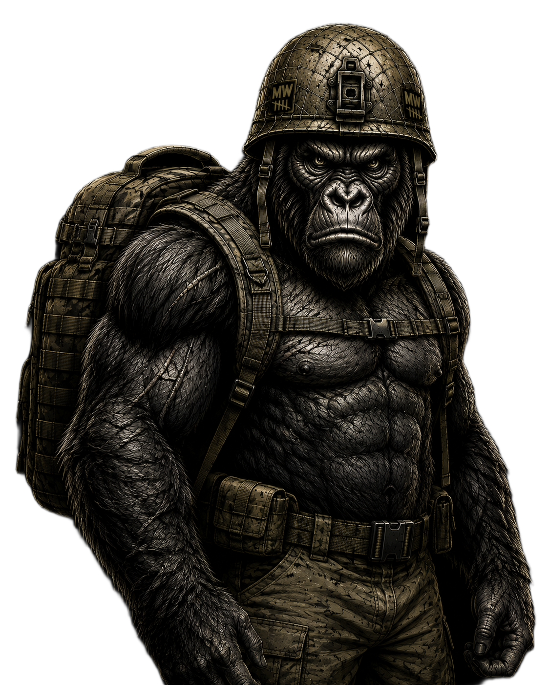 A muscular gorilla wearing military combat gear, including a helmet, tactical vest, backpack, and pants, set against a solid black background.