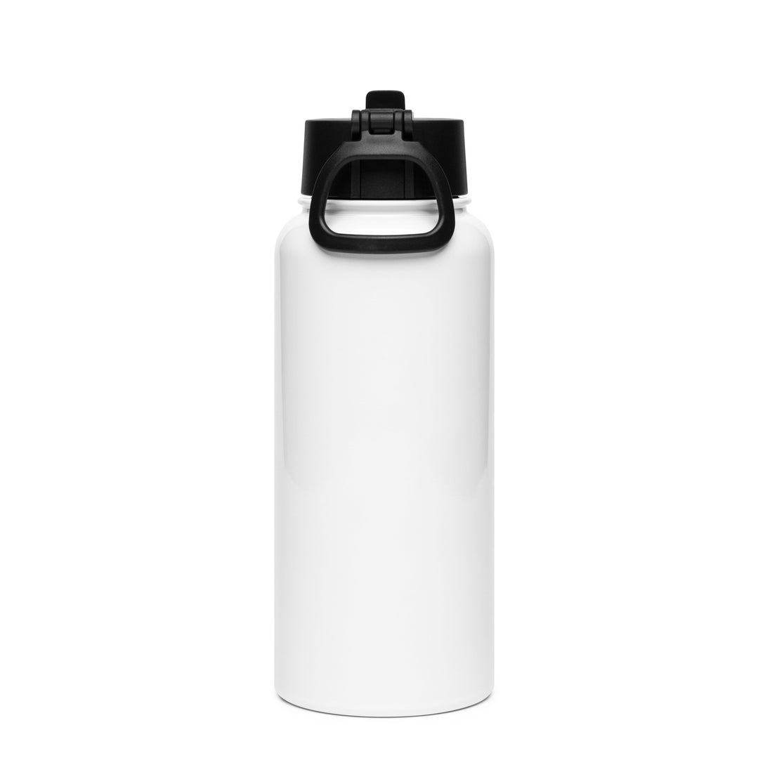 A white insulated water bottle with a black flip-top lid and carrying loop, shown on a plain white background.