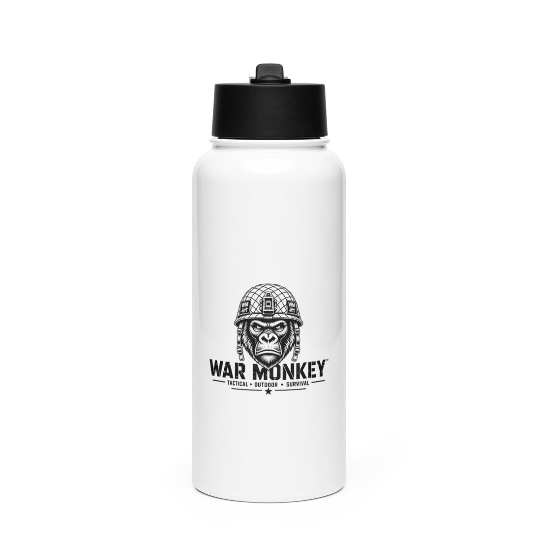 A white insulated water bottle with a black flip-top lid, featuring a black graphic of a gorilla wearing a military helmet and the text 'WAR MONKEY' on the front, set against a plain white background.