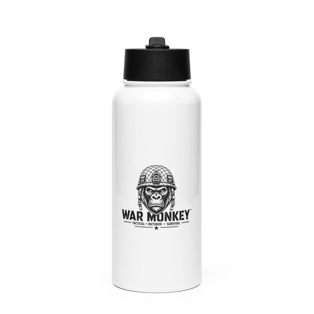 A white insulated water bottle with a black flip-top lid, featuring a black graphic of a gorilla wearing a military helmet and the text 'WAR MONKEY' on the front, set against a plain white background.