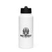 A white insulated water bottle with a black flip-top lid, featuring a black graphic of a gorilla wearing a military helmet and the text 'WAR MONKEY' on the front, set against a plain white background.