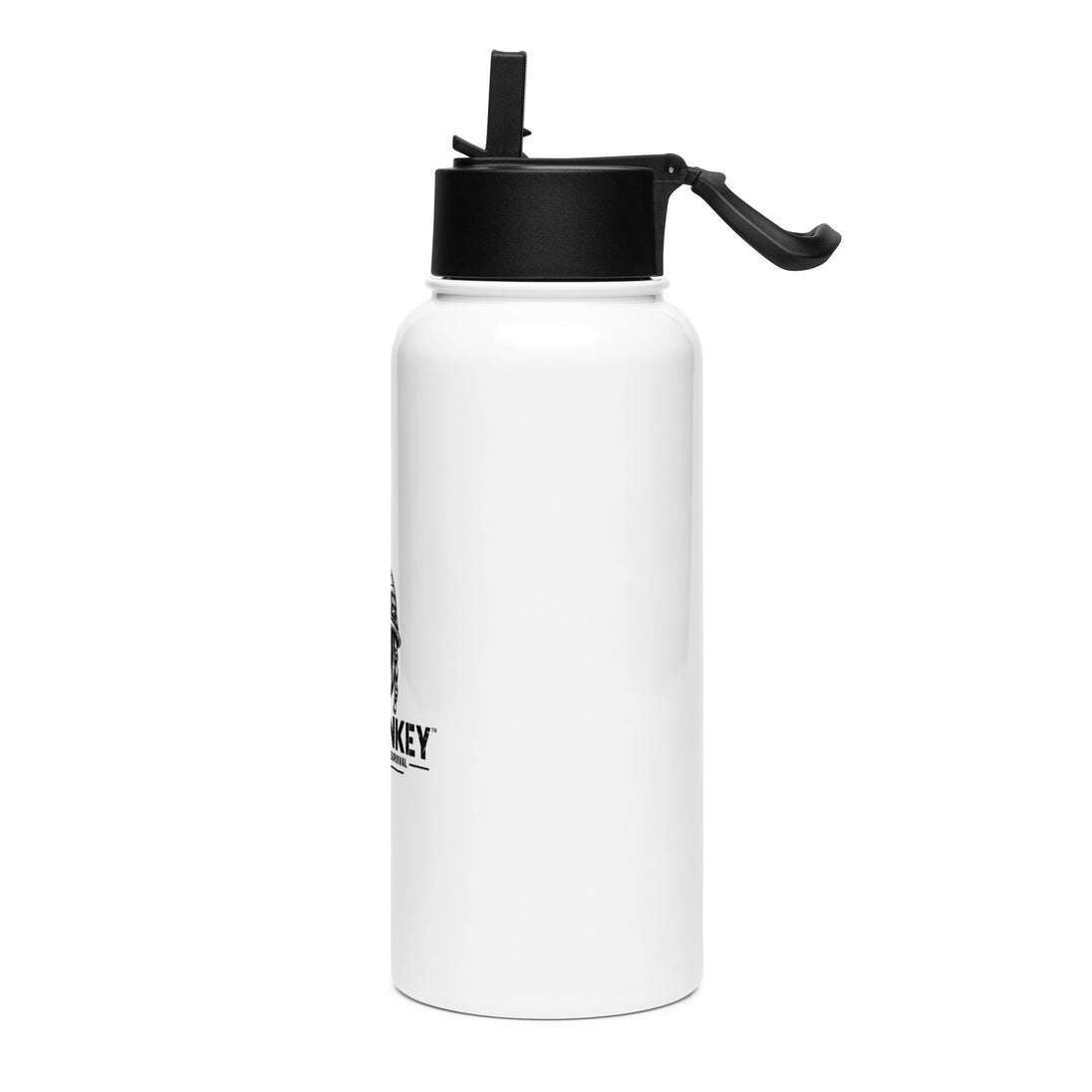 A white insulated water bottle with a black flip-top lid and carrying loop, featuring a small black monkey graphic and the word 'MONKEY' printed on the lower left side.